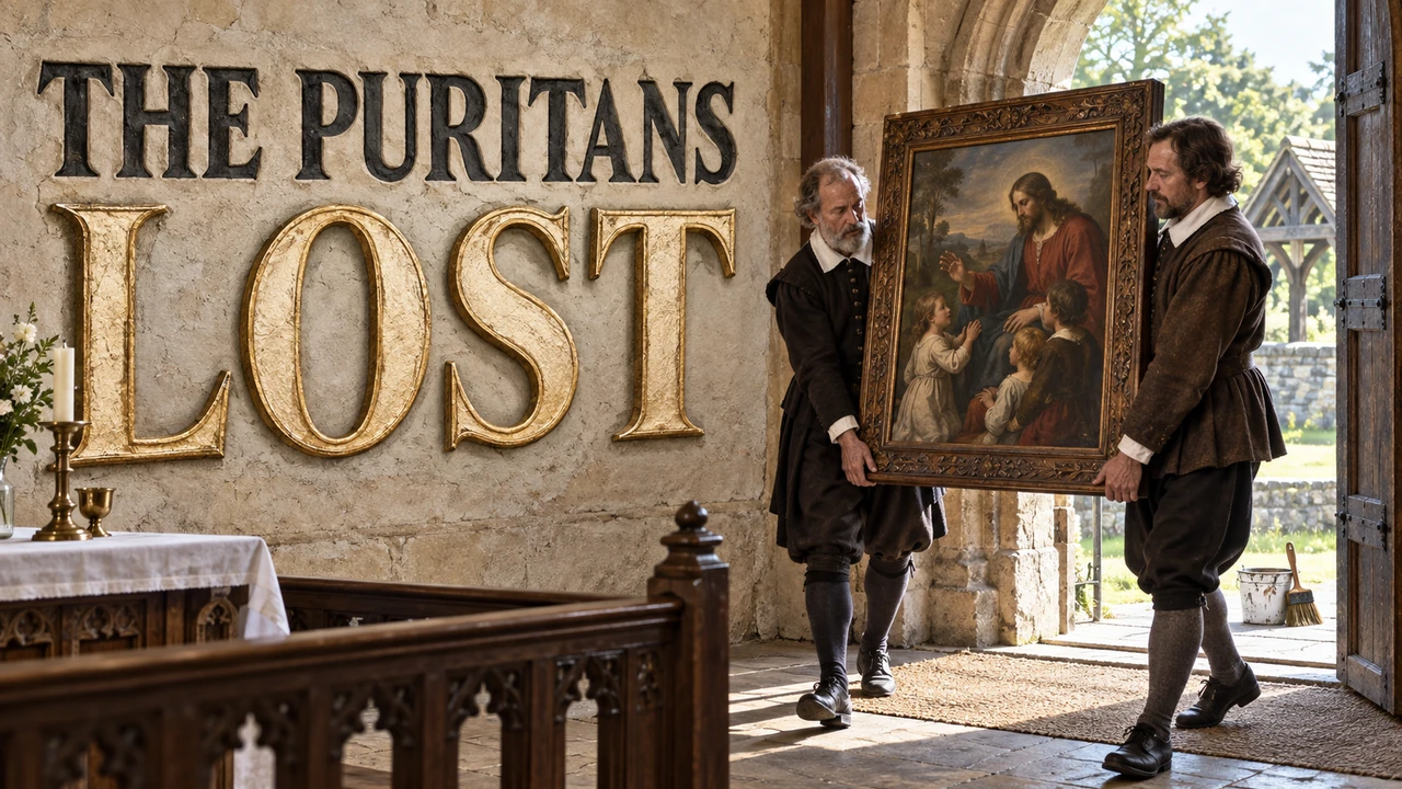 The Puritans Lost horizontal YouTube thumbnail showing two men carrying a sacred painting from a church