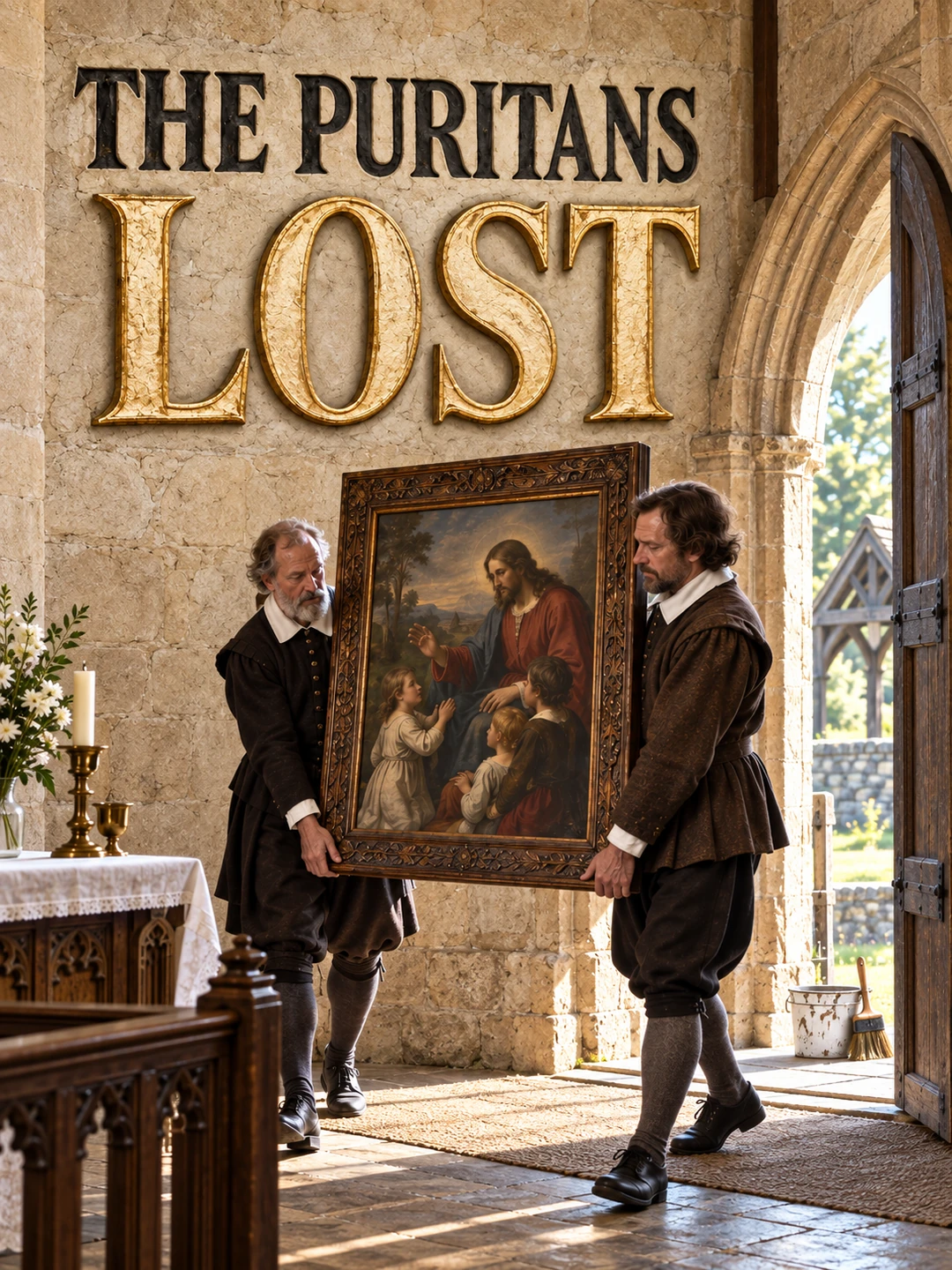 The Puritans Lost TikTok cover showing two men carrying a sacred painting from a church